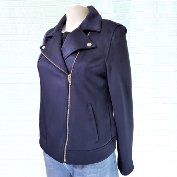 Micro-suede Moto Bomber Style Jacket in Navy Blue Size Medium - Picture 5 of 6